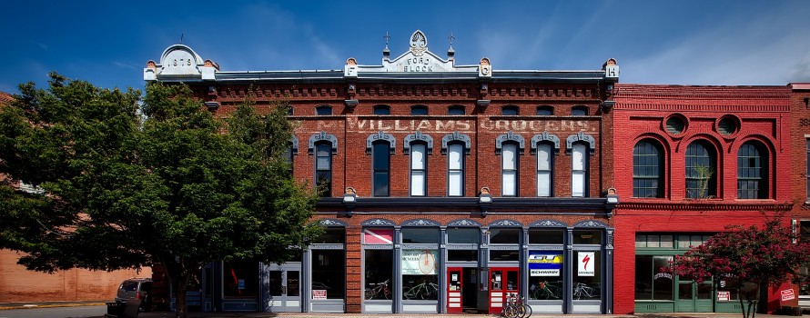 Small town storefronts with large tree
